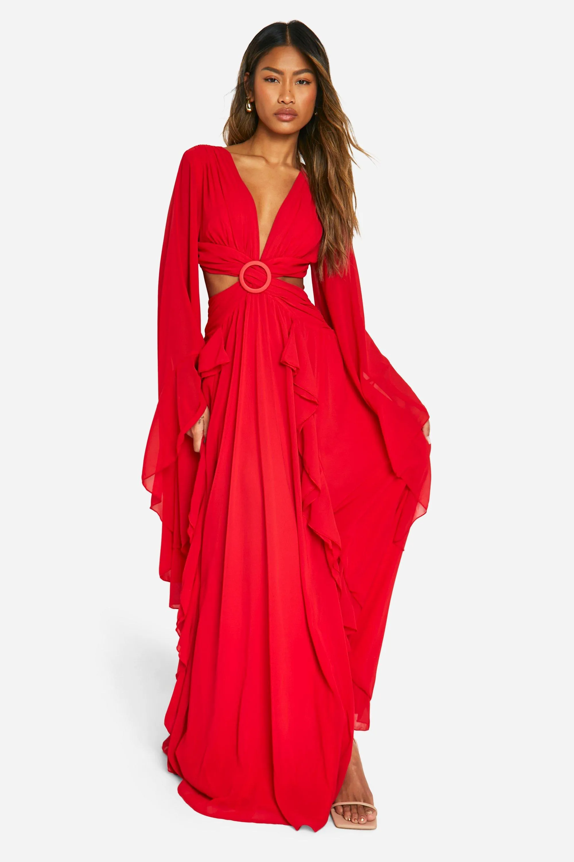 Chiffon Cut-Out Maxikleid mit weiten Ärmeln