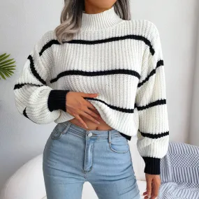 Heidi-Mode | Damen Eleganter Weißer Pullover mit Schwarzen Streifen
