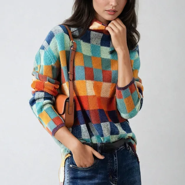 Heidi-Mode | Damen Herbst Bunter Patchwork Rollkragenpullover