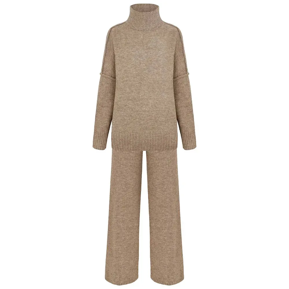 Heidi-Mode | Damen Rollkragenpullover Set Lässiges Strickhosen-Set