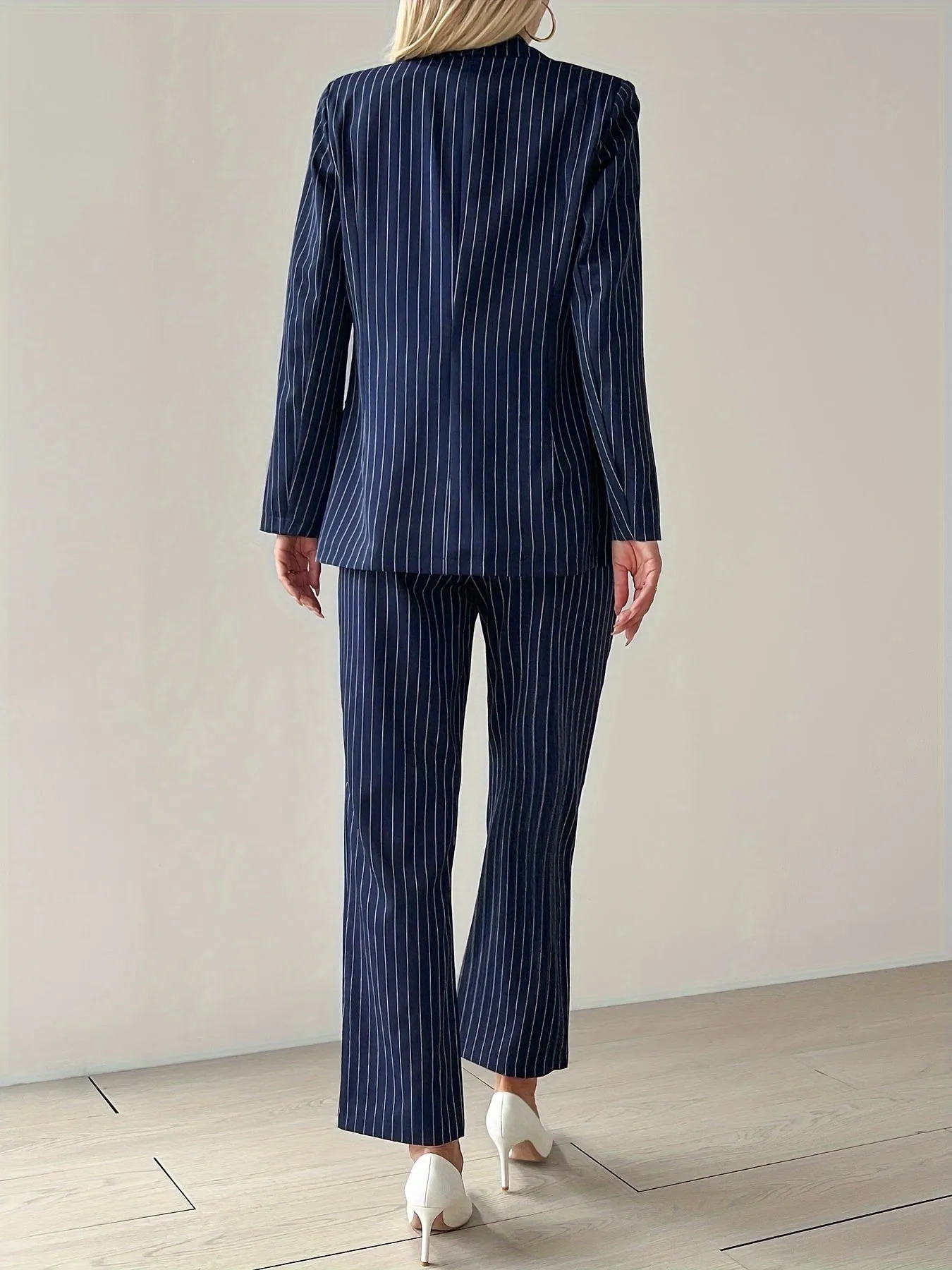 Heidi-Mode | Gestreiftes Knopf Front Langarm Blazer & Hoch Taille Gerade Bein Hose Outfit Set Für Damen Für Formelle Anlässe