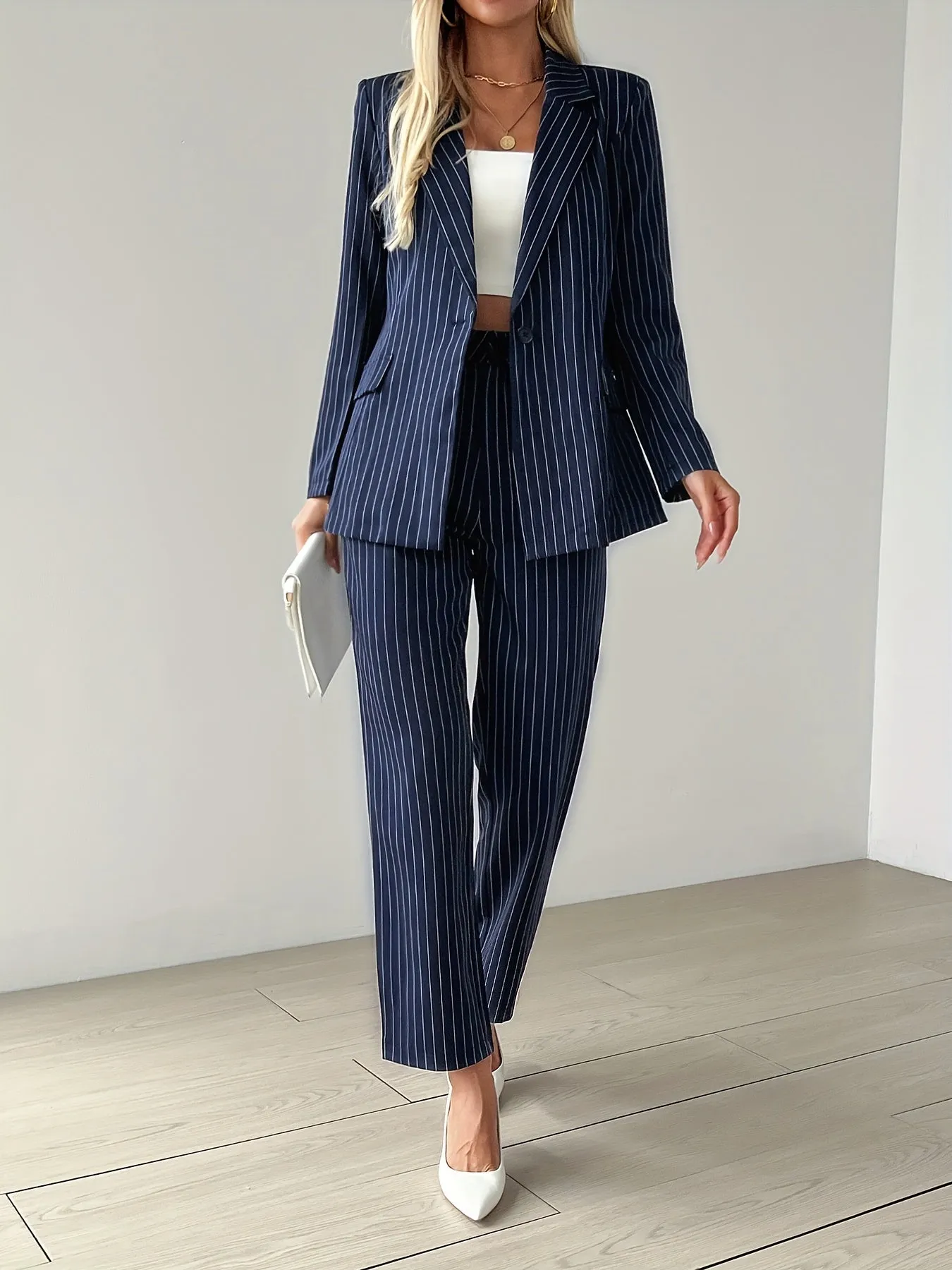 Heidi-Mode | Gestreiftes Knopf Front Langarm Blazer & Hoch Taille Gerade Bein Hose Outfit Set Für Damen Für Formelle Anlässe