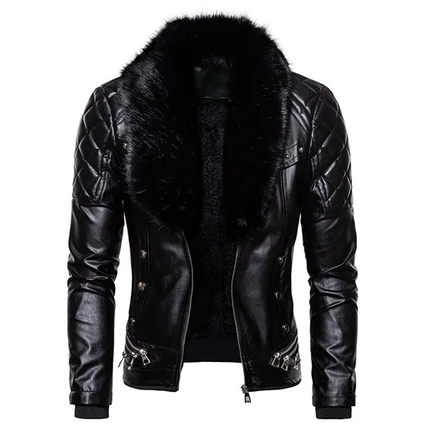 Modische Langarmjacke mit einfarbigen Nieten und abnehmbarem Kunstpelzkragen für Herren im Stil einer Kunstleder-PU-Jacke