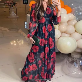 Rote Rosen Maxikleid 2023 Langarm mit V-Ausschnitt 