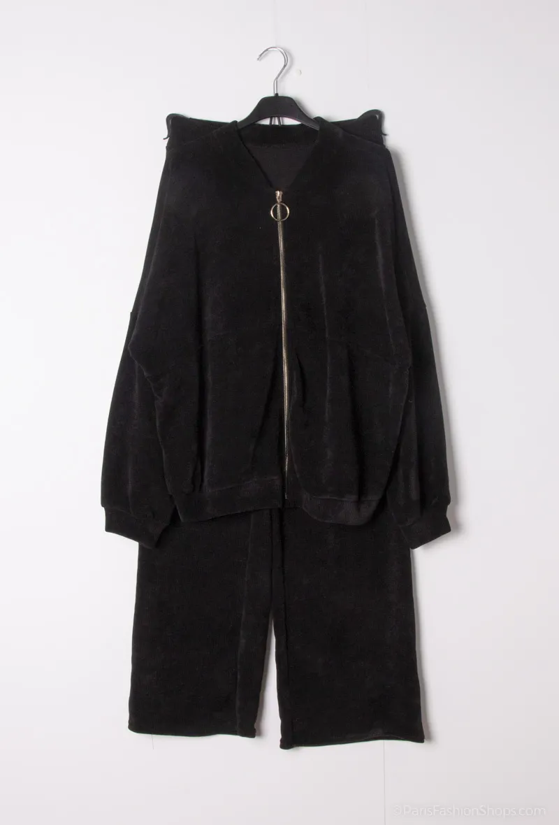 Samt-Set, Blazer, Reißverschluss, Hose, Tasche, Stehkragen