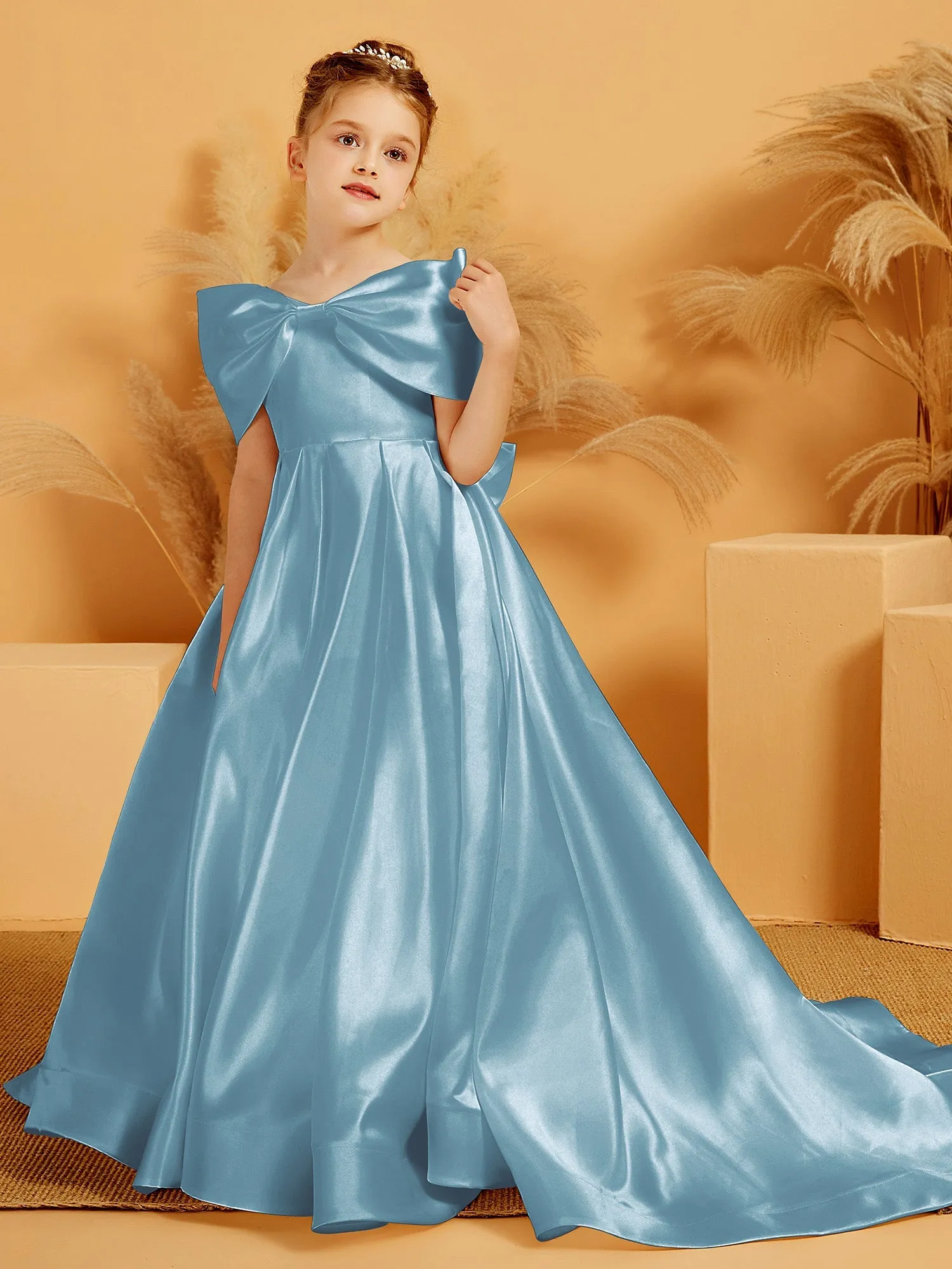 Schulterfrei Lang Blumenmdchenkleid mit Schleife Schiefer Blau