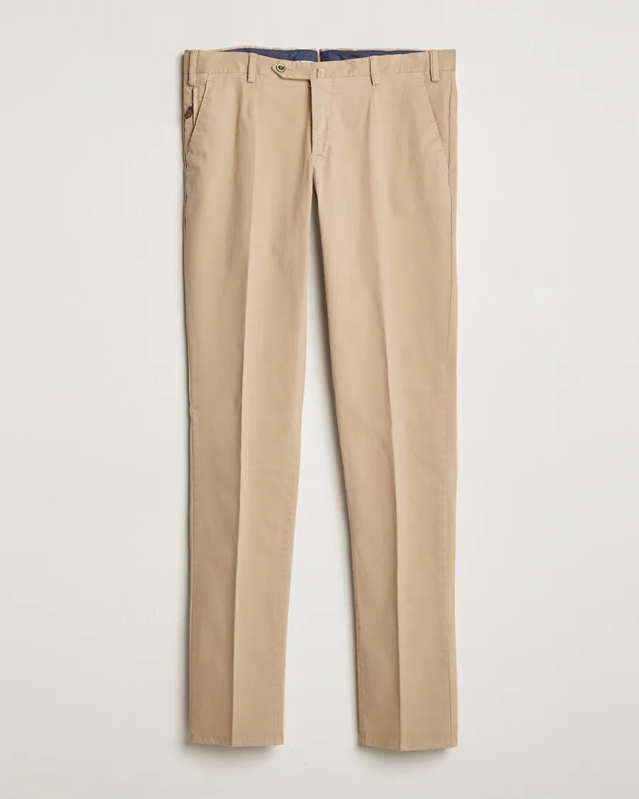 Slim Fit Pleated Cotton Trousers Beige