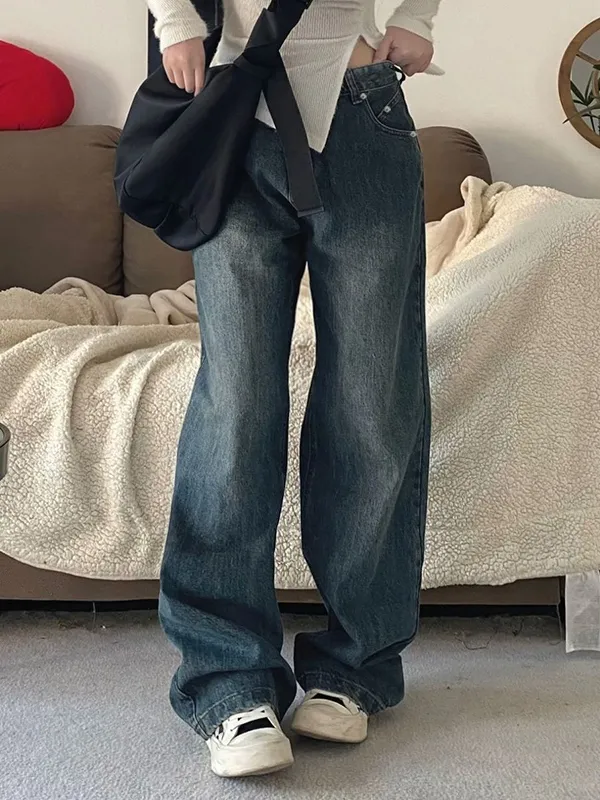 Vintage blau gewaschene Boyfriend-Jeans mit hoher Taille